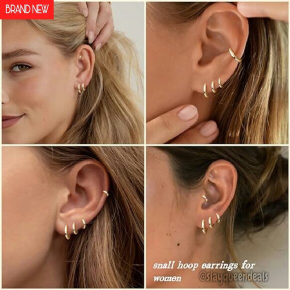 Small 14K Gold Plated Huggie Hoop Earrings Hypoallergenic Lightweight Stacking - Picture 4 of 8